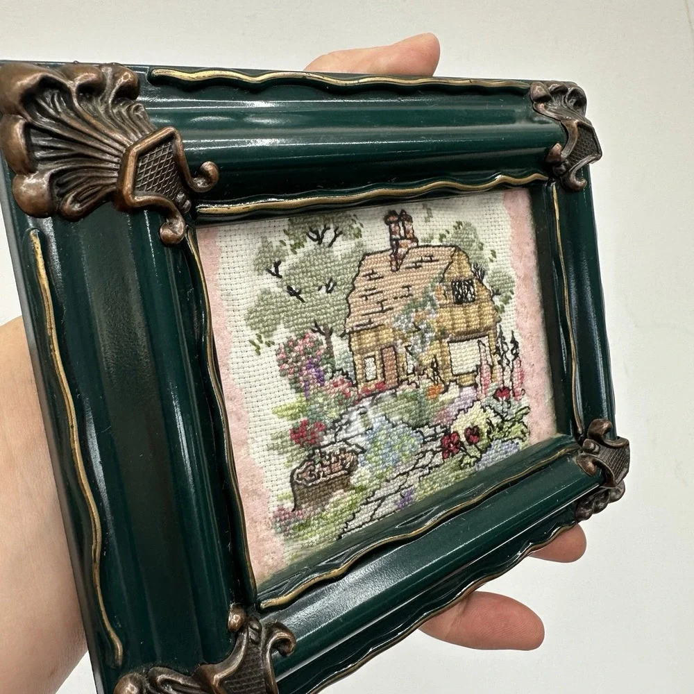 Embroidered Cross Stitch Handmade Vtg Countryside Rustic Cottage 7